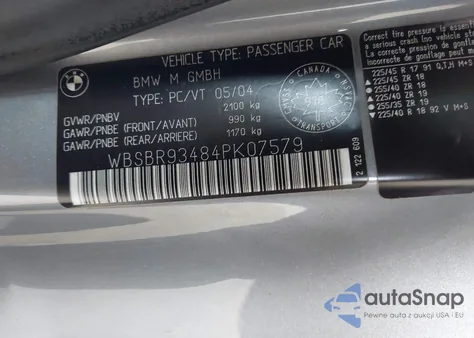 2004 BMW M3 из США, поврежденный, VIN WBSBR93484PK07579